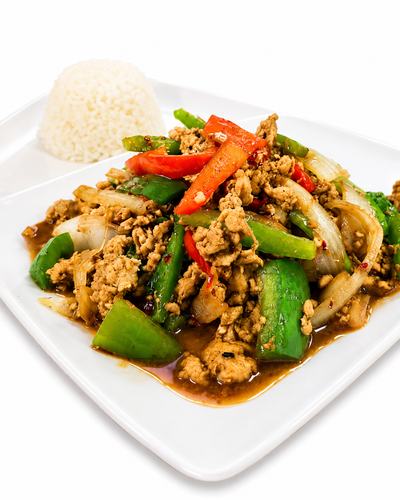 Thai chili basil with garlic, onion and bell peppers — spicy Thai food Billings MT