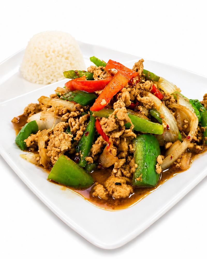 Thai chili basil with garlic, onion and bell peppers — spicy Thai food Billings MT