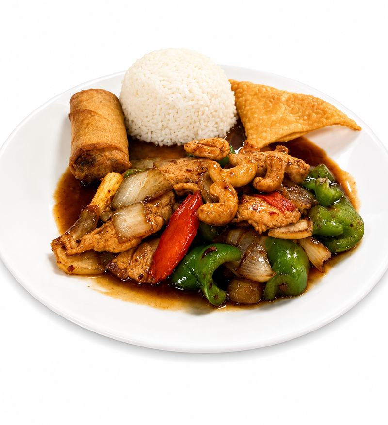 Cashew chicken lunch plate with steamed rice — Thai lunch Billings MT